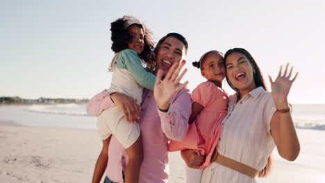 Family,-waving-hello-and-video-call-at-the-beach