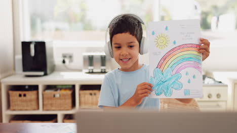 Videoanruf,-Virtuelle-Schule-Und-Junge-Mit-Einer-Zeichnung