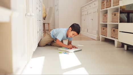 Drawing,-learning-and-kid-on-floor-in-home