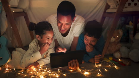 Comedy,-tablet-and-dad-with-children-in-a-tent