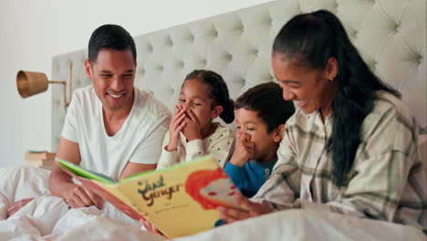 Book,-parents-and-children-laughing-in-bedroom
