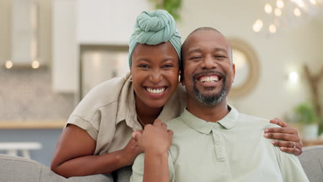 Black-couple,-relax-and-smile-on-a-home-sofa