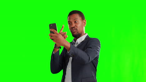 Green-screen,-selfie-and-businessman-peace-sign