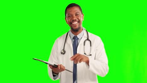 Black-man,-doctor-and-okay-sign-with-clipboard