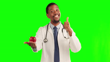 Black-man,-doctor-and-apple-with-thumbs-up
