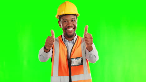 Black-man,-architect-and-thumbs-up-on-green-screen
