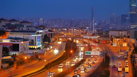 Turkey-istanbul-12-january-2023,-many-cars-in-a-high-away-at-night-top-view