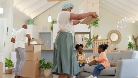 Happy,-black-family-and-kids-with-boxes-in-new
