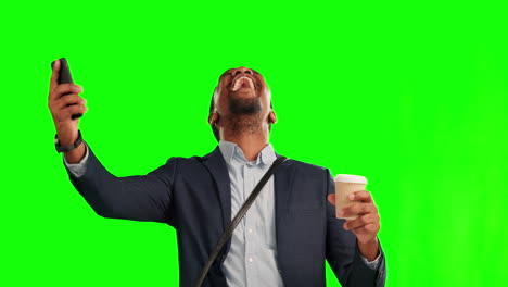 Black-man,-phone-and-celebration-on-green-screen