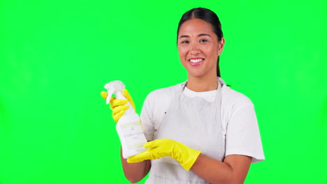 Face,-green-screen-and-Asian-woman-cleaning