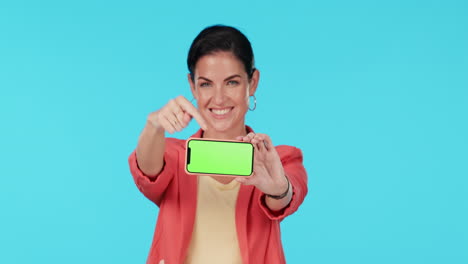 Green-screen-phone,-face-and-happy-woman-point