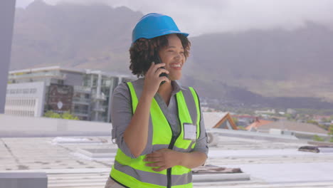 Woman,-phone-call-and-happy-engineer-talking