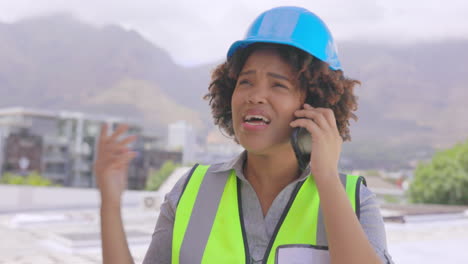 Phone-call,-woman-and-engineer-with-problem