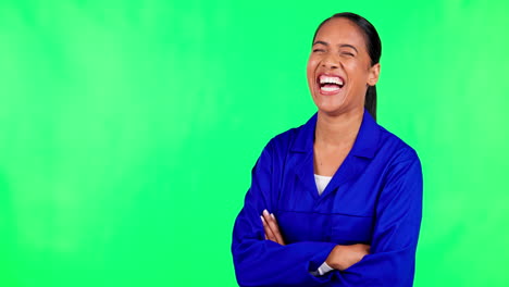 Laugh,-face-and-woman-contractor-in-green-screen