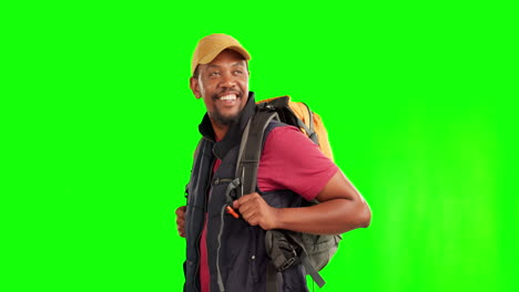 Hiking,-green-screen-and-black-man-with-a-smile