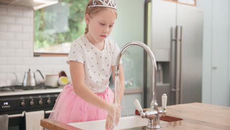 Girl,-cleaning-and-child-with-soap-on-hands