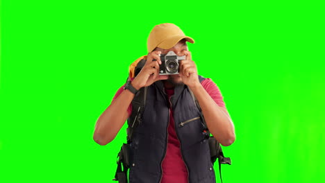 Travel,-camera-and-green-screen-with-a-black-man