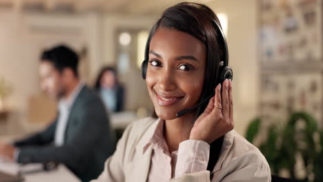 Call-center,-indian-woman-and-face-of-consultant