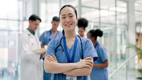 Asian-woman,-doctor-and-arms-crossed-in-confidence