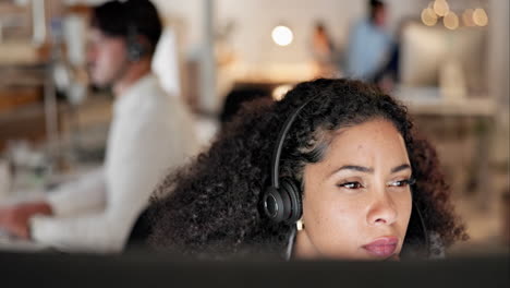 Woman,-call-center-and-thinking-with-headphones