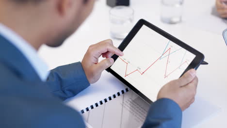 Hands-on-tablet,-chart-and-businessman-in-meeting