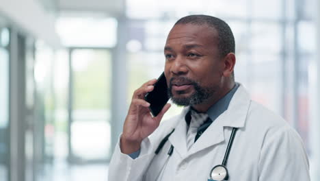 Black-man,-doctor-and-talk-on-phone-call