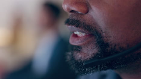 Man,-call-center-and-employee-closeup-with-mouth