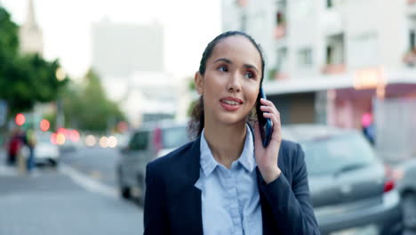 Business-woman,-phone-call-and-walking-in-city