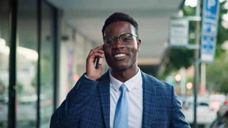 City,-business-phone-call-and-happy-black-man