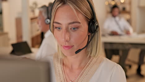 Call-center,-computer-and-woman-in-office