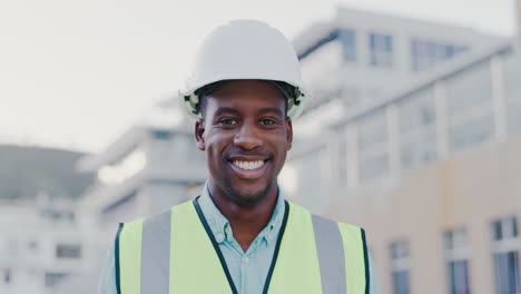 Construction,-face-and-happy-black-man-in-city