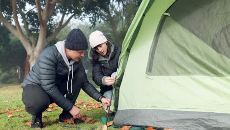 Camping,-tent-and-help-with-couple-in-nature