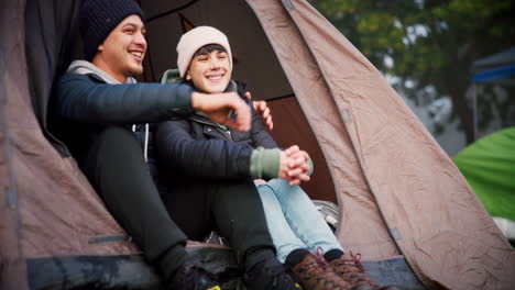 Couple,-hug-and-tent-outdoor-for-camping-in-nature