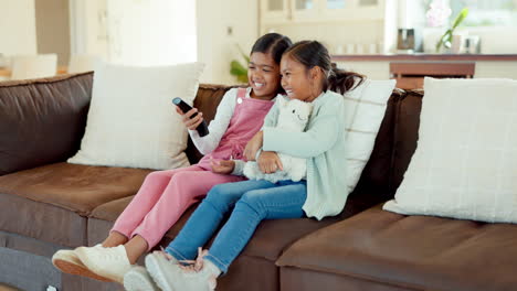 Happy,-TV-and-children-on-sofa-with-remote