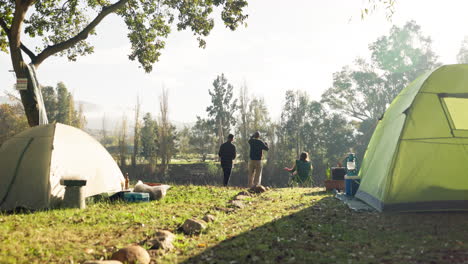 Camping,-Amigos-Y-Gente-Se-Relajan-En-La-Naturaleza.