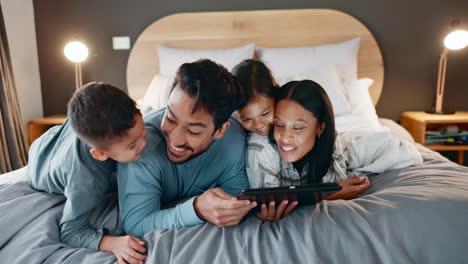 Family,-bed-and-tablet-at-night-with-internet