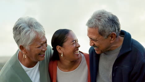 Laughing,-beach-and-woman-with-her-senior-parents