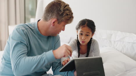 Relax,-tablet-and-father-with-daughter-in-bedroom