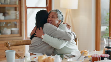 Hug,-women-and-excited-celebration-at-breakfast