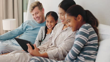 Relax,-tablet-and-morning-with-family-in-bedroom