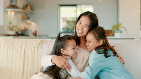 Mom,-couch-and-hug-with-girl-kids