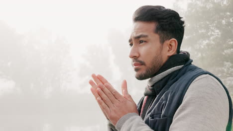 Winter,-man-and-rub-hands-in-nature-with-fog