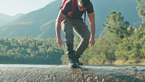 Man,-hiking-and-tie-shoelace-in-nature