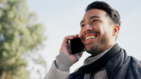 Phone-call,-outdoor-and-man-with-a-smile