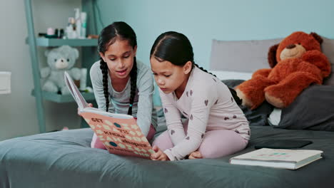 Sisters,-kids-and-book-for-reading-on-bed