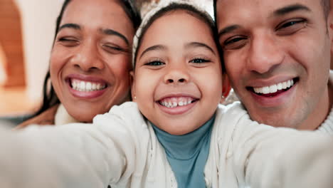 Girl-child,-parents-and-selfie-with-face