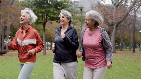 Senior-women,-walking-and-friends-with-fitness