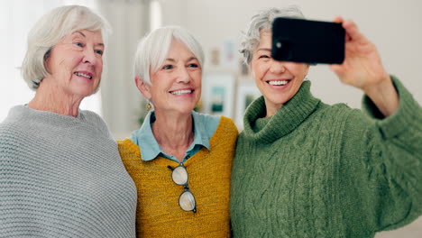 Selfie,-fun-and-senior-woman-friends-in-a-home