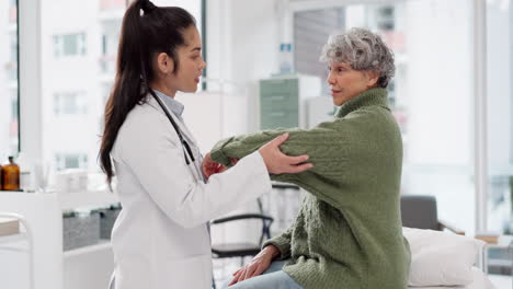 Elderly-woman,-doctor-and-physiotherapy-of-arm