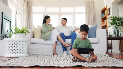 Family,-tablet-and-kid-in-home-living-room